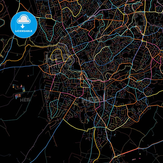 Stourbridge, West Midlands, England, colorful city map on black background