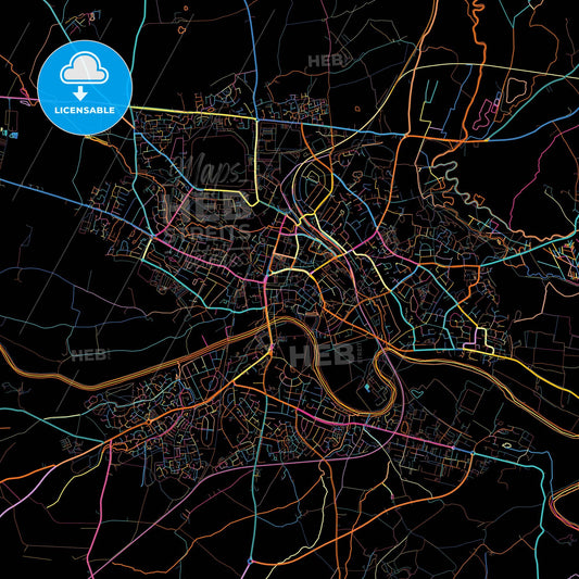 Hereford, West Midlands, England, colorful city map on black background
