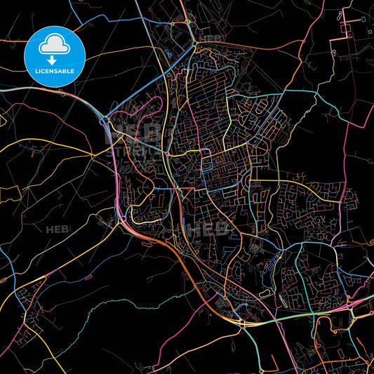 Kettering, East Midlands, England, colorful city map on black background