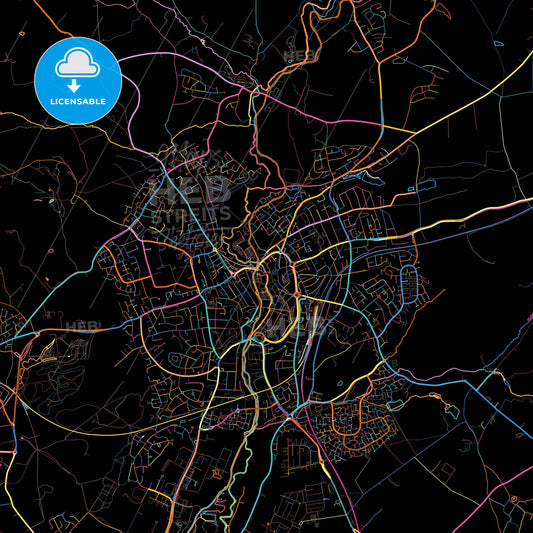 Kidderminster, West Midlands, England, colorful city map on black background