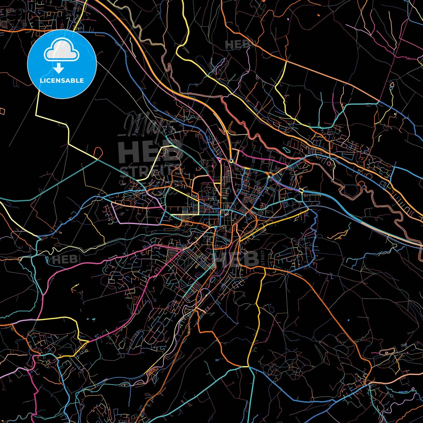 Keighley, Yorkshire and the Humber, England, colorful city map on black background