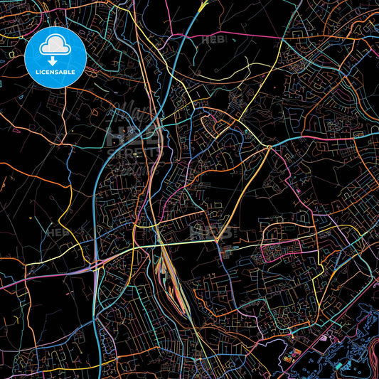 Beeston and Stapleford, East Midlands, England, colorful city map on black background