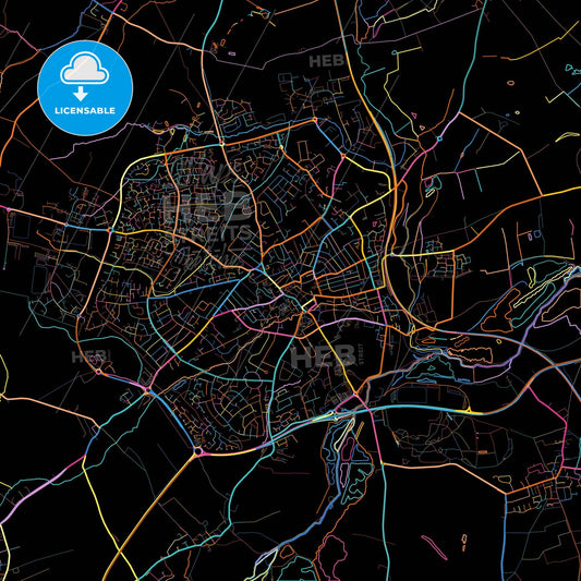 Wellingborough, East Midlands, England, colorful city map on black background