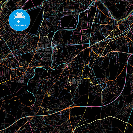 Esher, North East England, England, colorful city map on black background