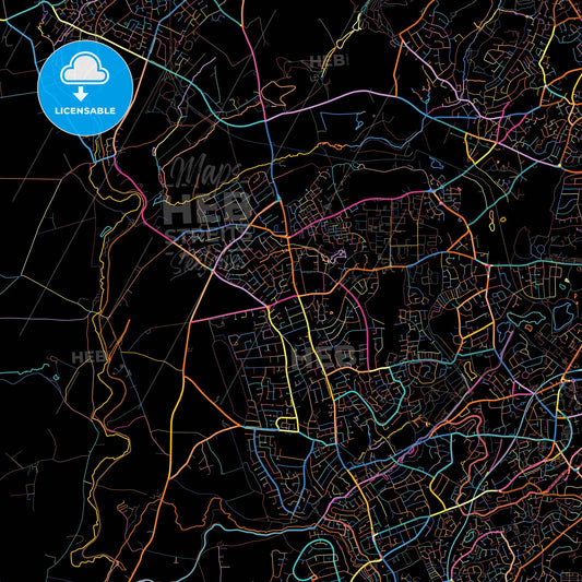 Kingswinford, West Midlands, England, colorful city map on black background