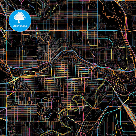 Calgary, Alberta, Canada, colorful city map on black background