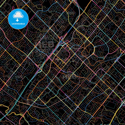 Mississauga, Ontario, Canada, colorful city map on black background