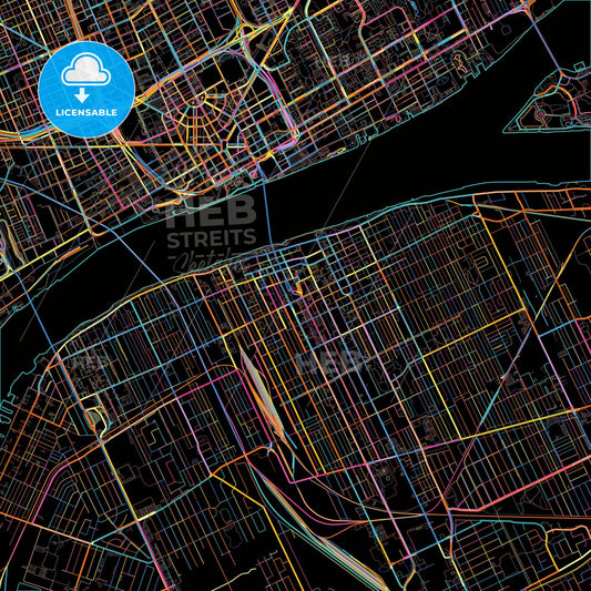 Windsor, Ontario, Canada, colorful city map on black background