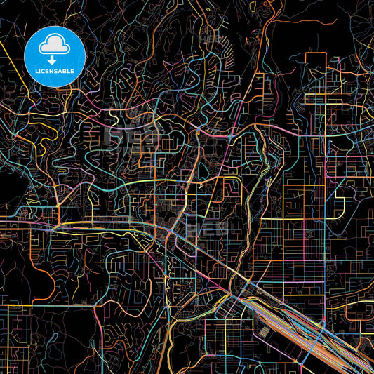 Coquitlam, British Columbia, Canada, colorful city map on black background