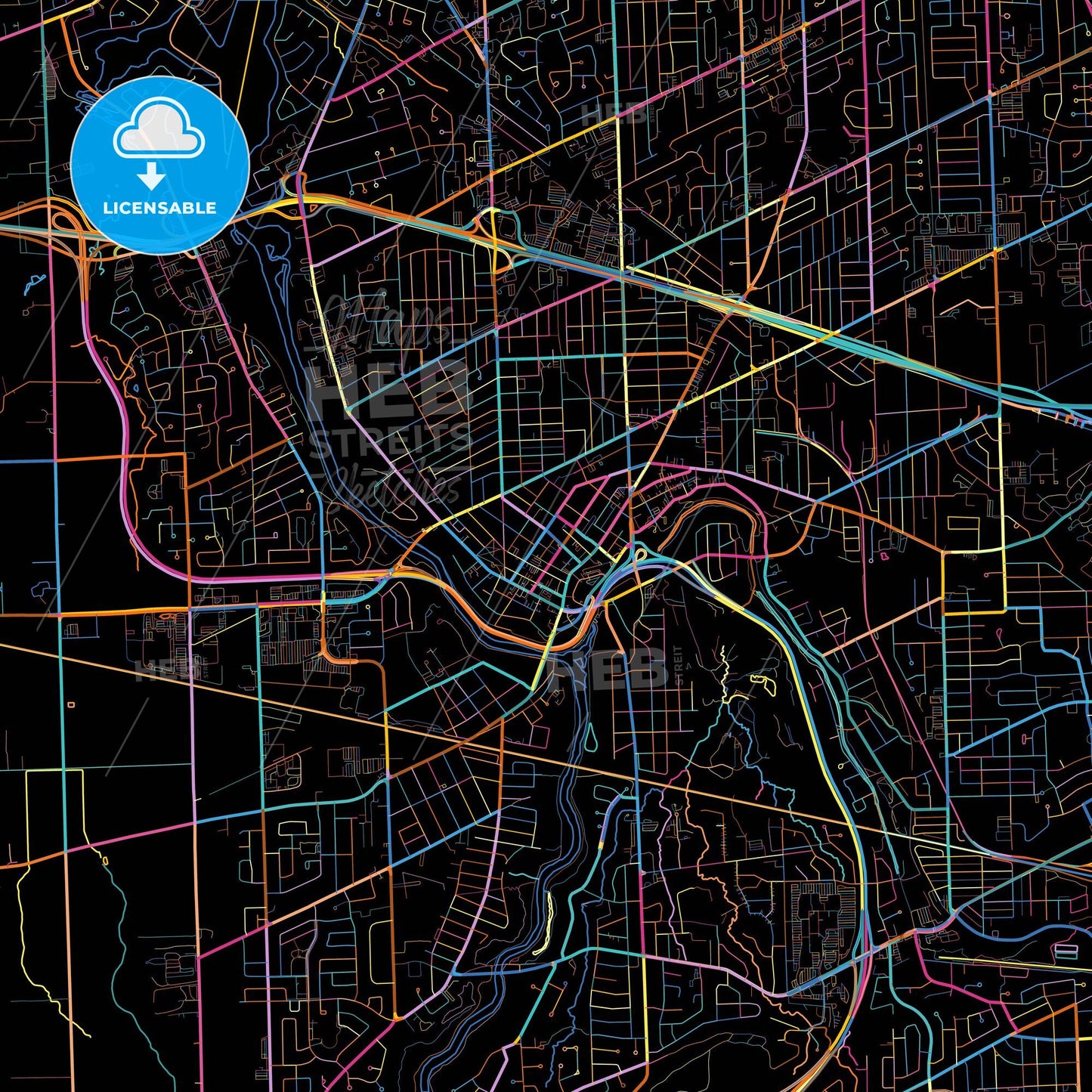 St. Catharines, Ontario, Canada, colorful city map on black background