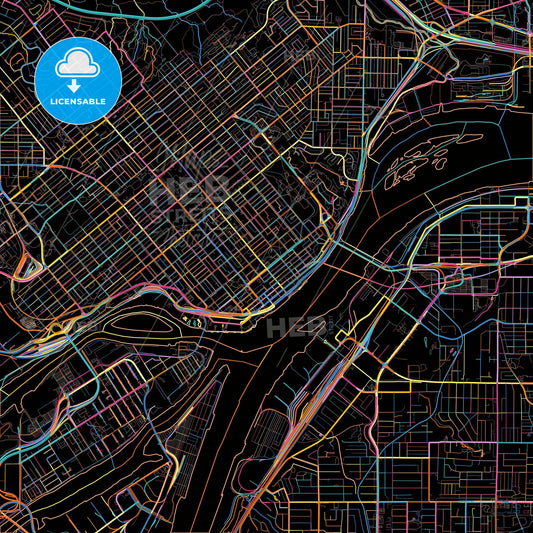 New Westminster, British Columbia, Canada, colorful city map on black background