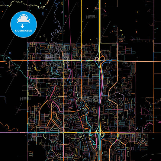 Airdrie, Alberta, Canada, colorful city map on black background
