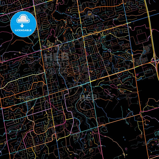 Aurora, Ontario, Canada, colorful city map on black background