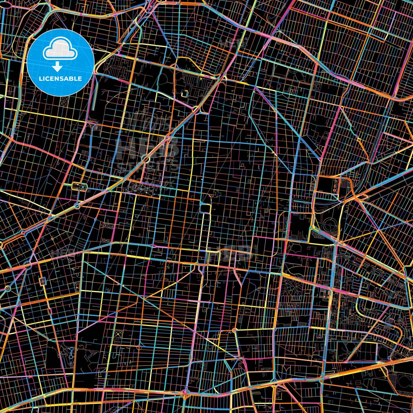 Mexico City, Mexico City, Mexico, colorful city map on black background