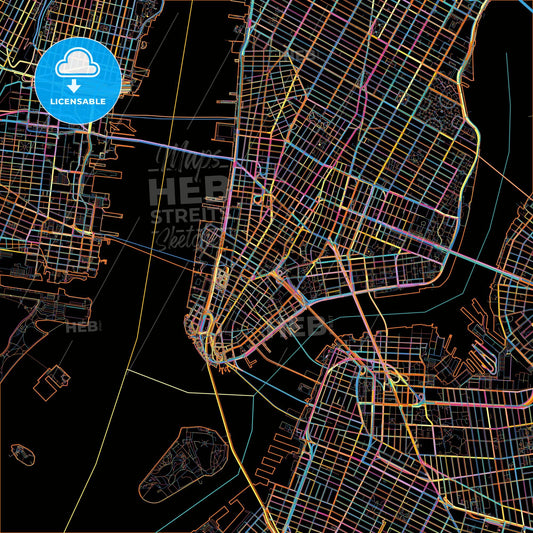 New York City, New York, United States, colorful city map on black background