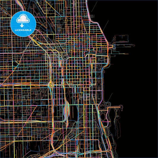 Chicago, Illinois, United States, colorful city map on black background