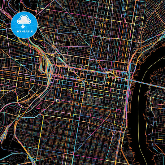 Philadelphia, Pennsylvania, United States, colorful city map on black background