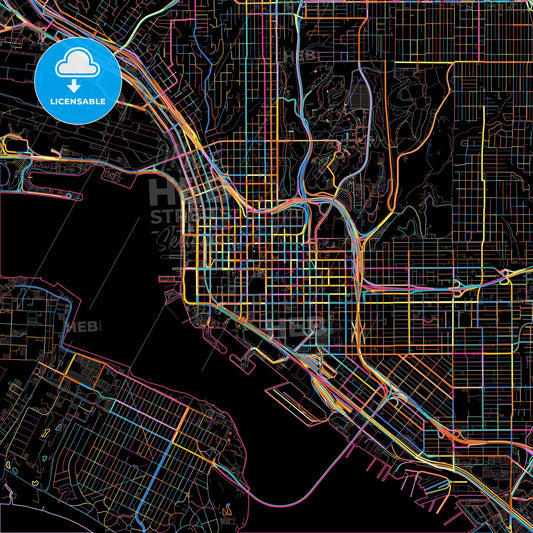 San Diego, California, United States, colorful city map on black background
