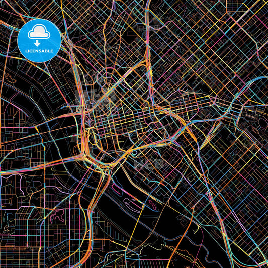 Dallas, Texas, United States, colorful city map on black background