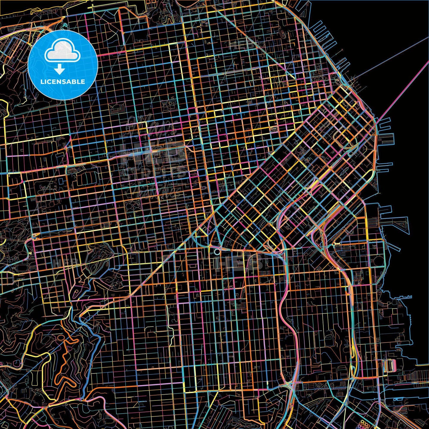 San Francisco, California, United States, colorful city map on black background
