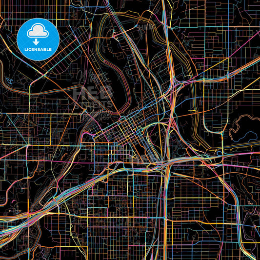 Fort Worth, Texas, United States, colorful city map on black background