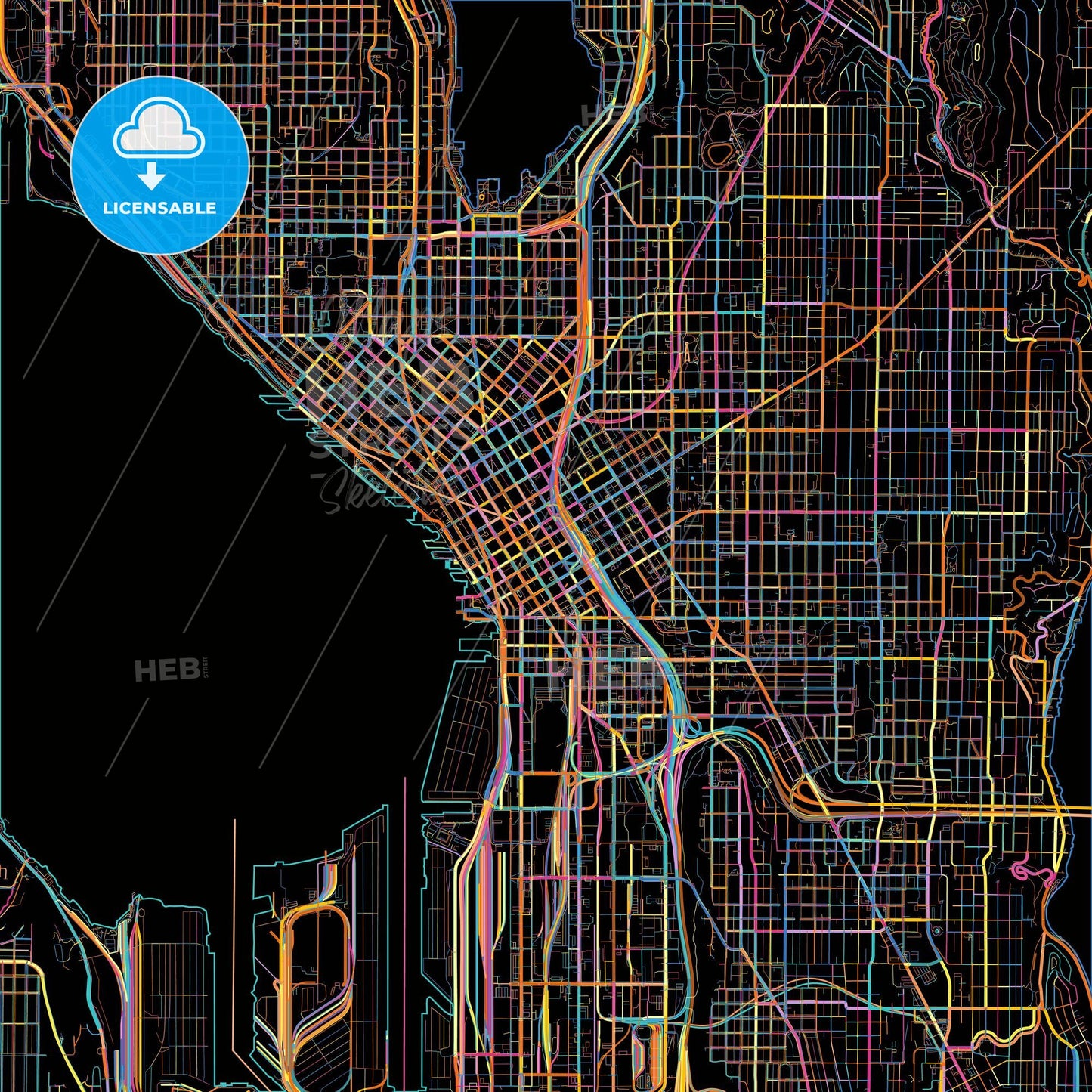 Seattle, Washington, United States, colorful city map on black background