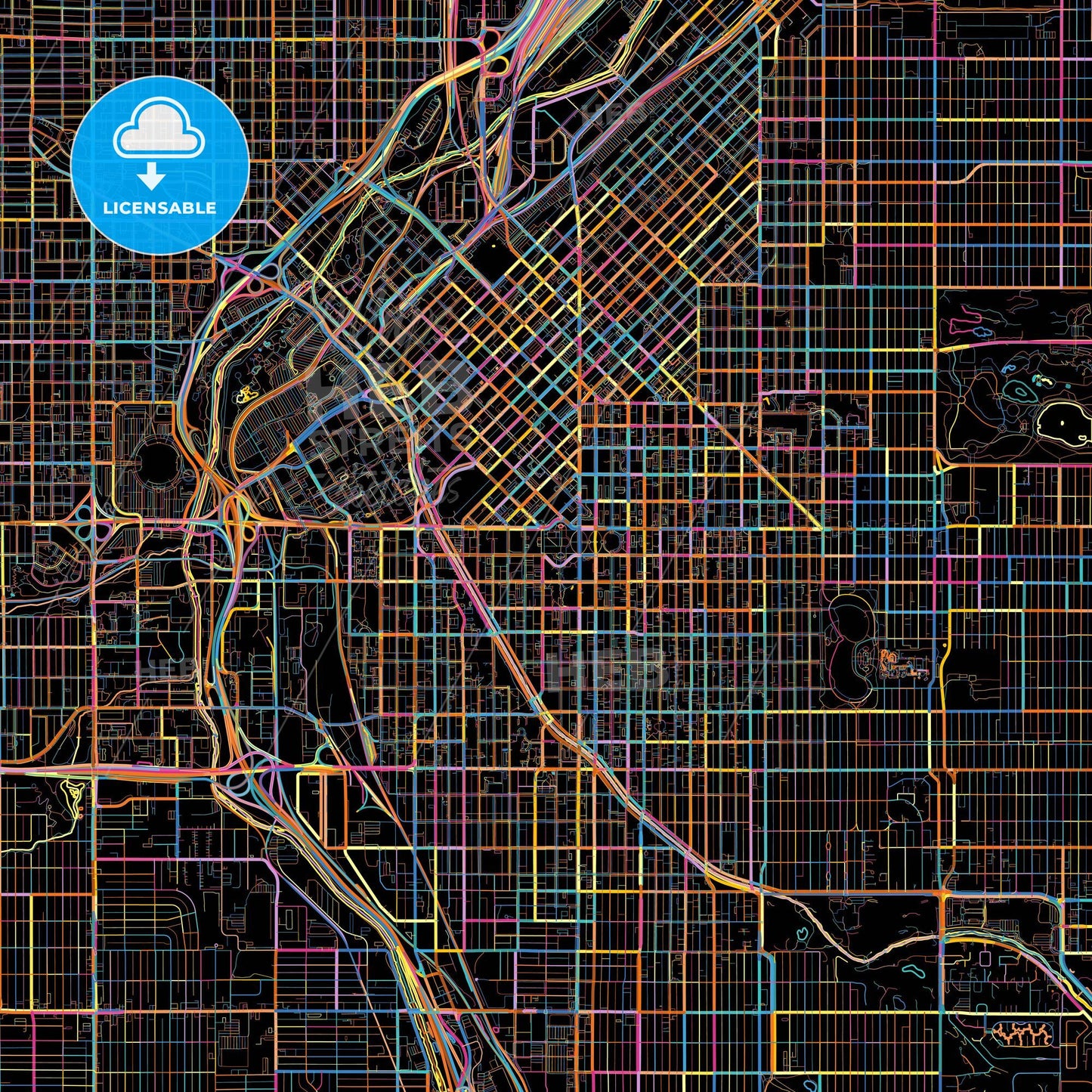Denver, Colorado, United States, colorful city map on black background