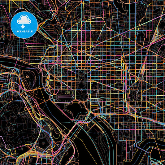 Washington, D.C., United States, colorful city map on black background