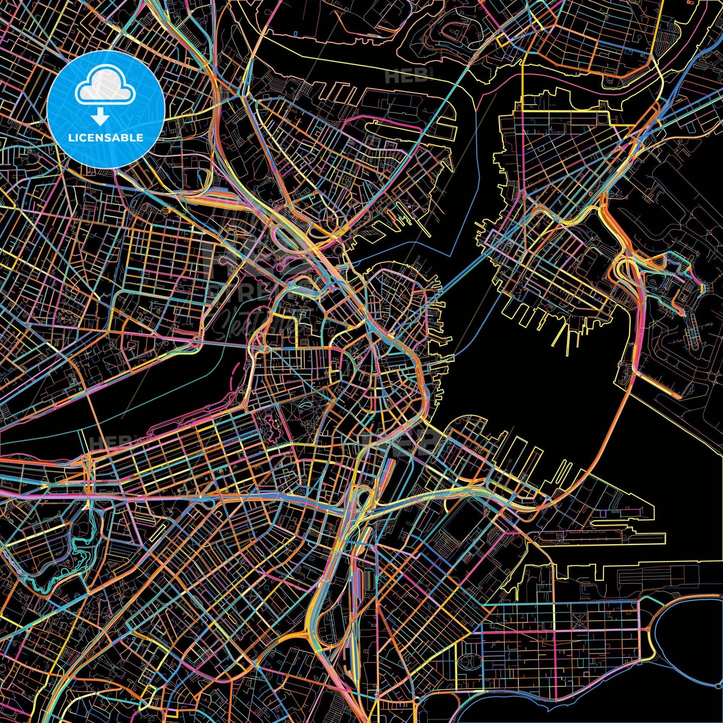 Boston, Massachusetts, United States, colorful city map on black background