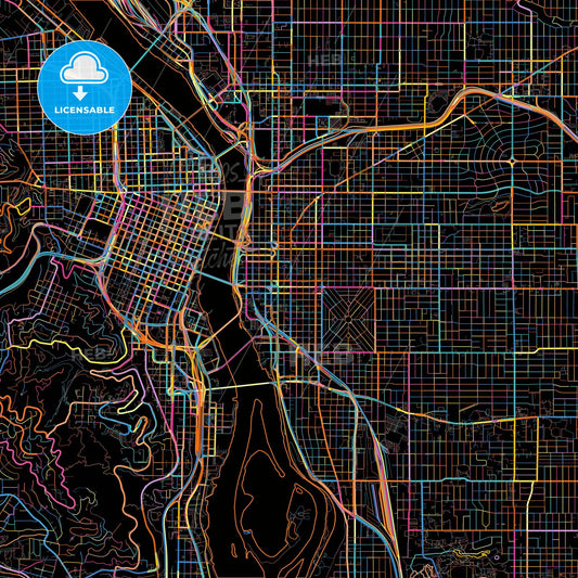 Portland, Oregon, United States, colorful city map on black background