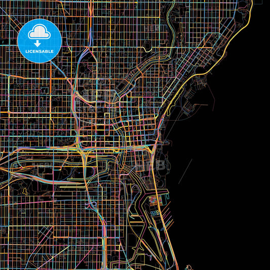 Milwaukee, Wisconsin, United States, colorful city map on black background