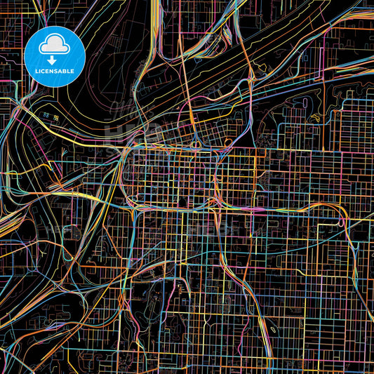 Kansas City, Missouri, United States, colorful city map on black background