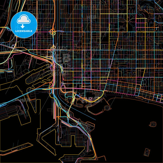 Long Beach, California, United States, colorful city map on black background