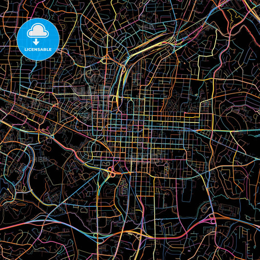 Raleigh, North Carolina, United States, colorful city map on black background