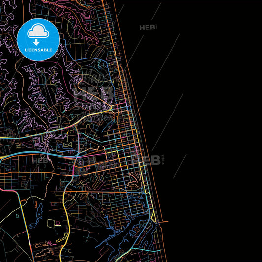 Virginia Beach, Virginia, United States, colorful city map on black background