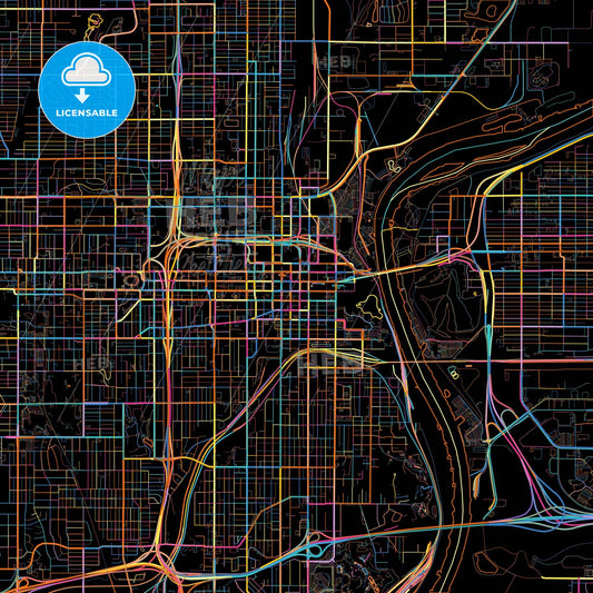 Omaha, Nebraska, United States, colorful city map on black background