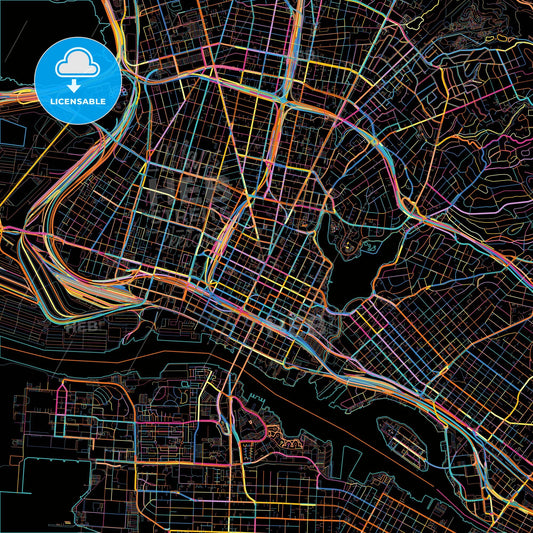 Oakland, California, United States, colorful city map on black background