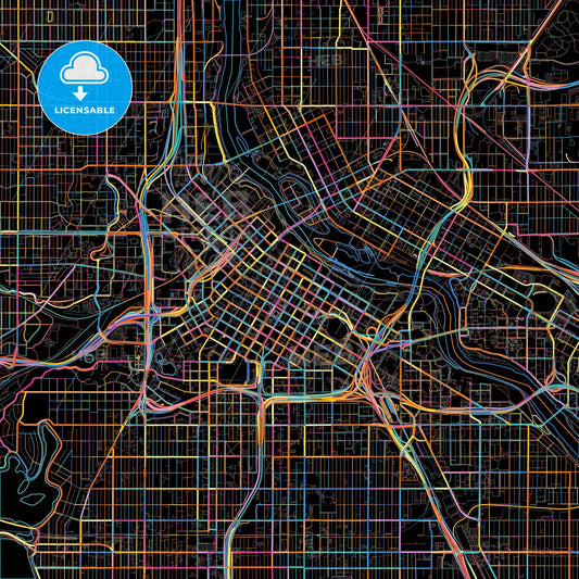 Minneapolis, Minnesota, United States, colorful city map on black background