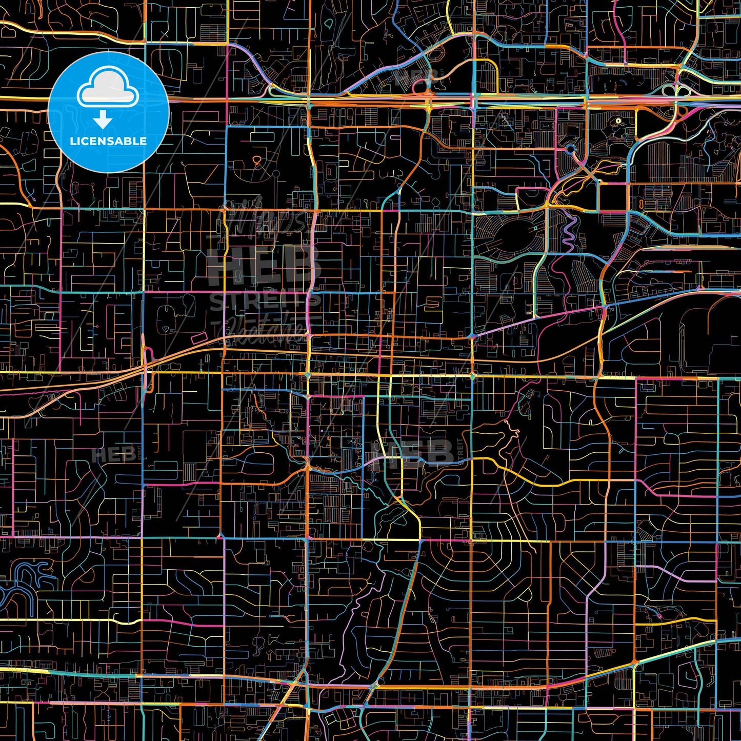 Arlington, Texas, United States, colorful city map on black background