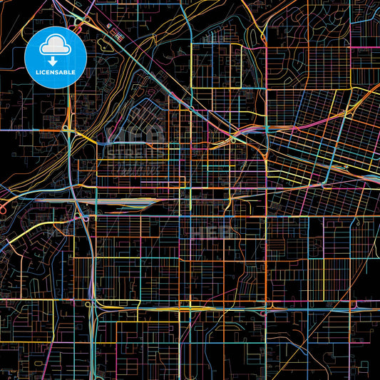 Bakersfield, California, United States, colorful city map on black background