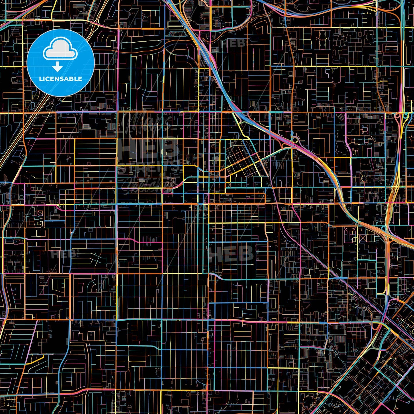Santa Ana, California, United States, colorful city map on black background