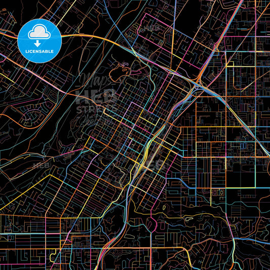Riverside, California, United States, colorful city map on black background