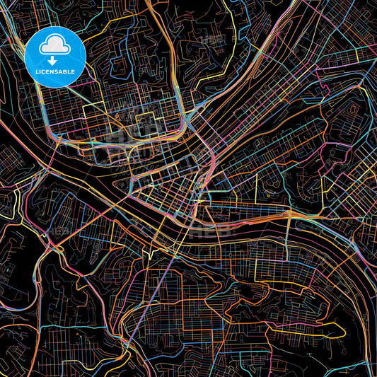 Pittsburgh, Pennsylvania, United States, colorful city map on black background