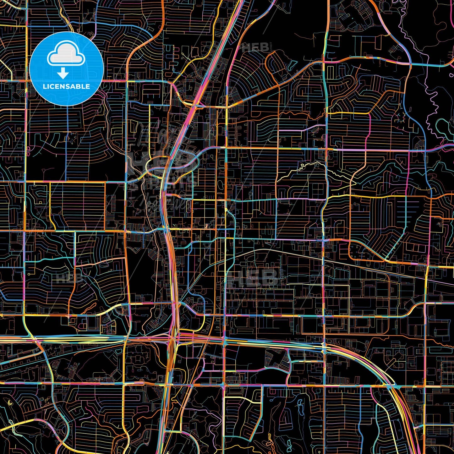 Plano, Texas, United States, colorful city map on black background