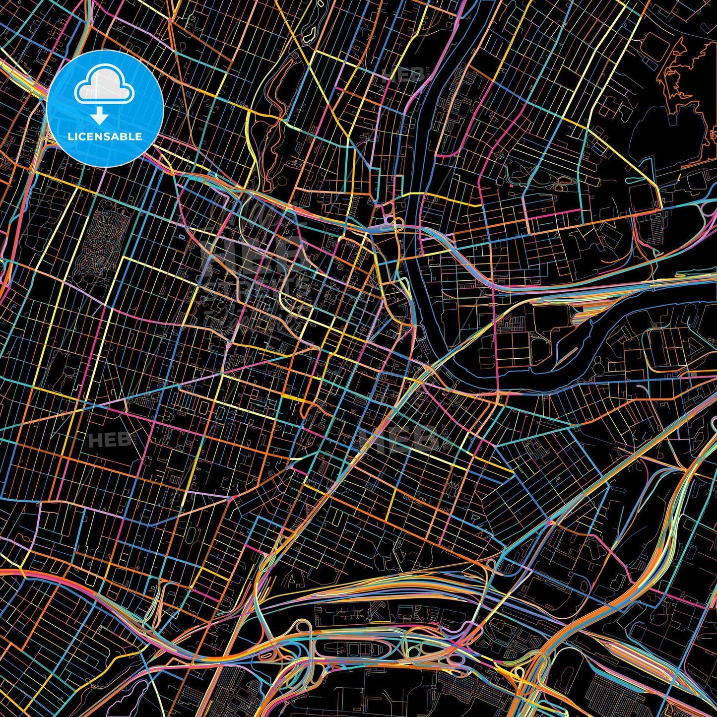 Newark, New Jersey, United States, colorful city map on black background