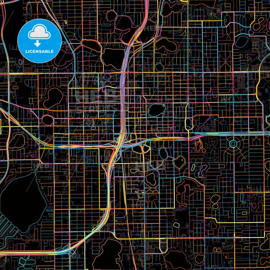 Orlando, Florida, United States, colorful city map on black background