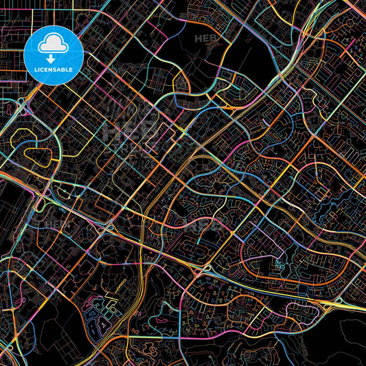 Irvine, California, United States, colorful city map on black background