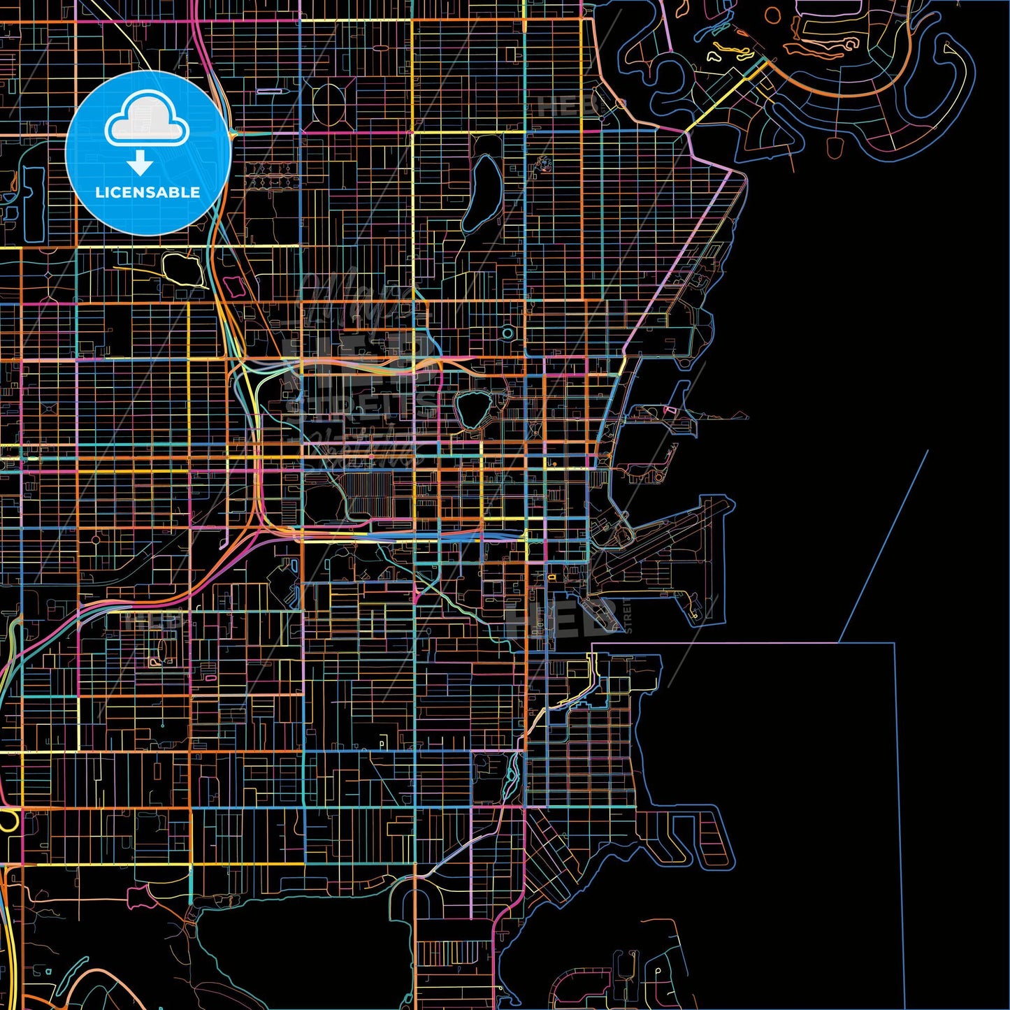 St. Petersburg, Florida, United States, colorful city map on black background