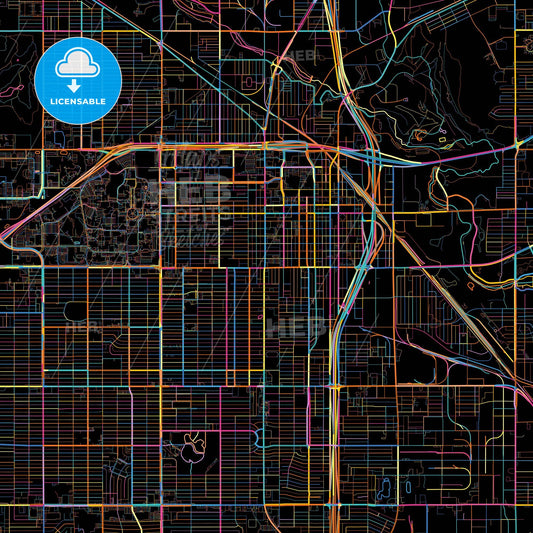 Lubbock, Texas, United States, colorful city map on black background