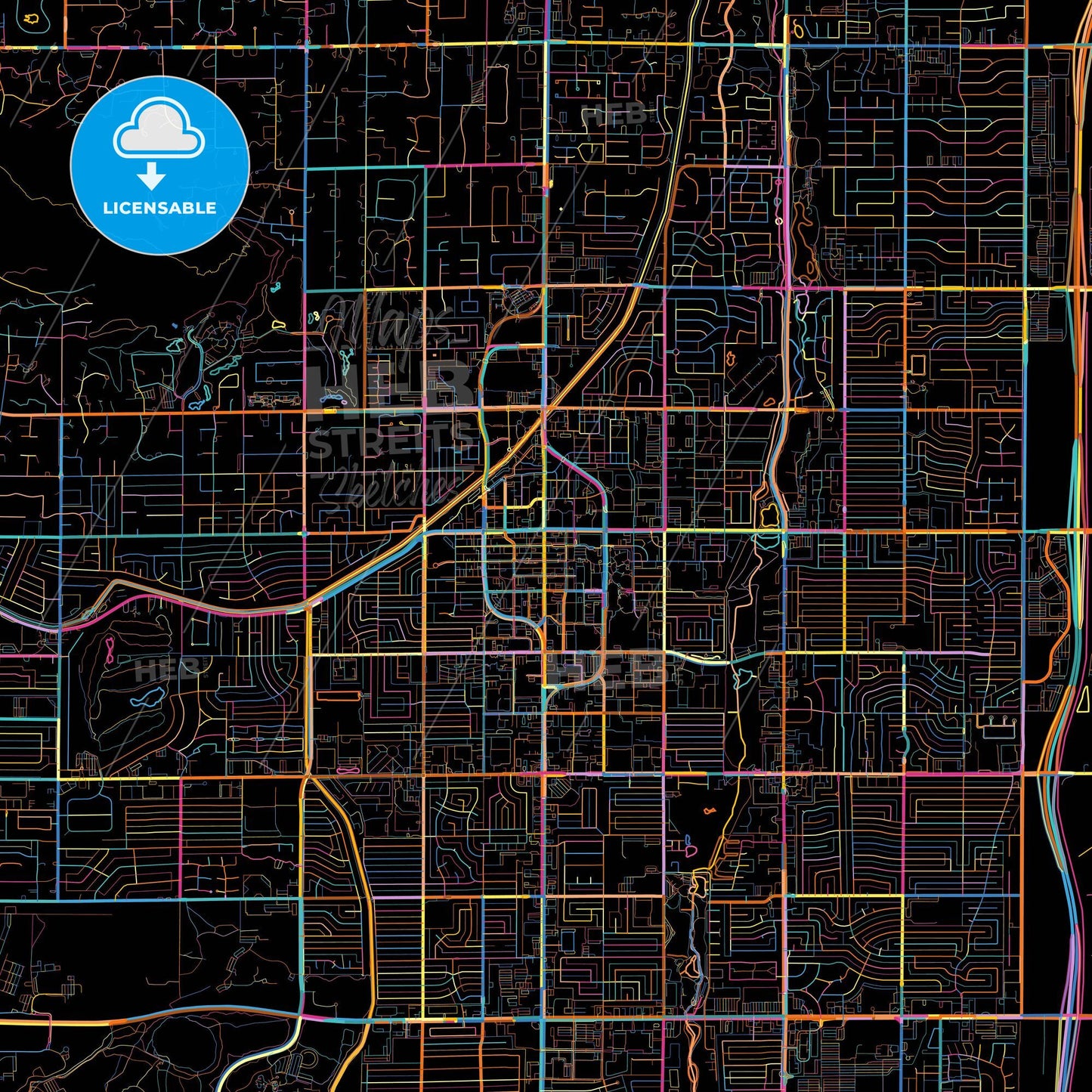 Scottsdale, Arizona, United States, colorful city map on black background
